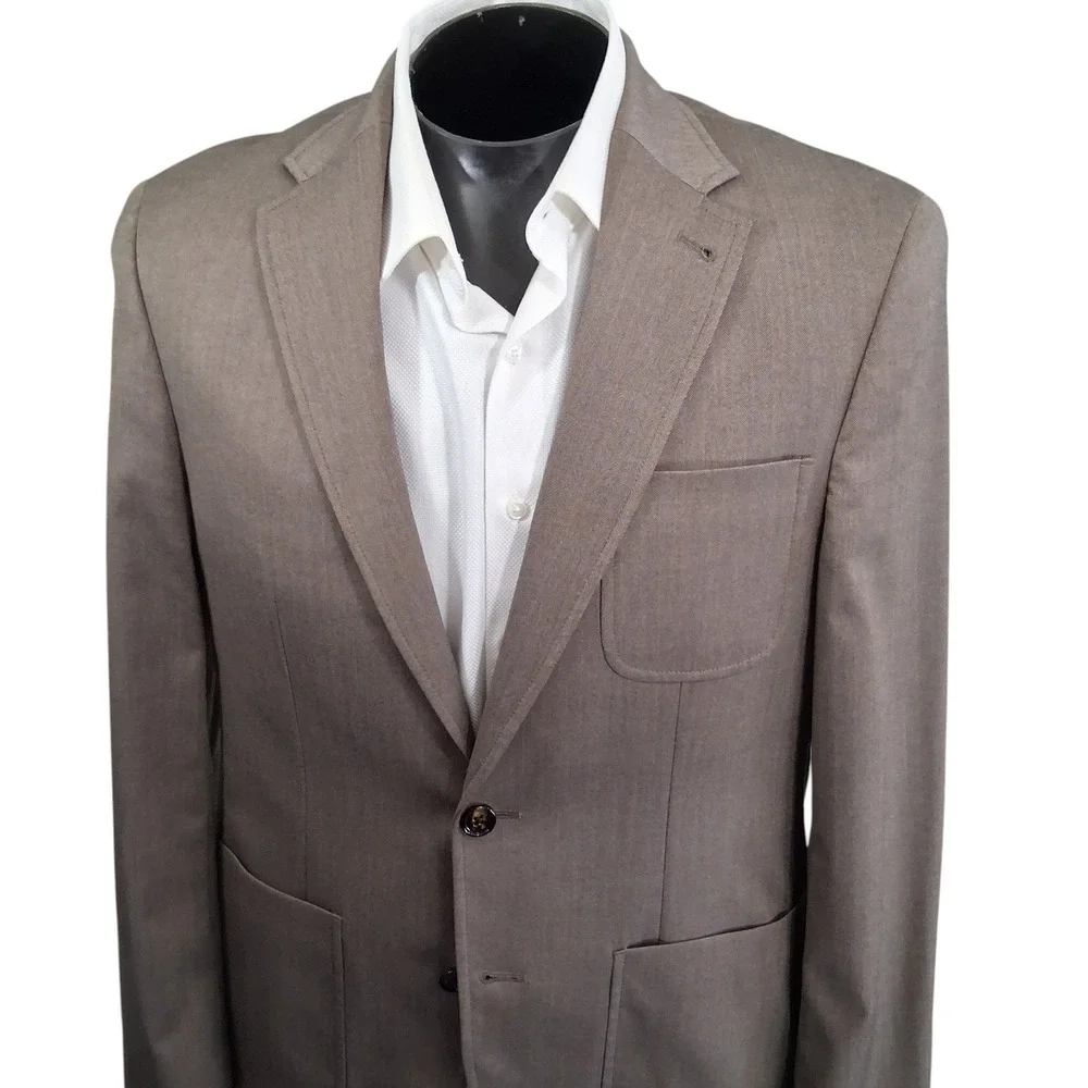 Murano Blazer L Slim Fit Tan Herringbone Unstructured Patch Pocket Double Vent